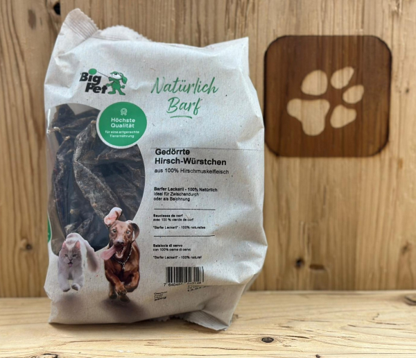 BARFER Leckerli Hirsch-​Würstchen gedörrt 350g